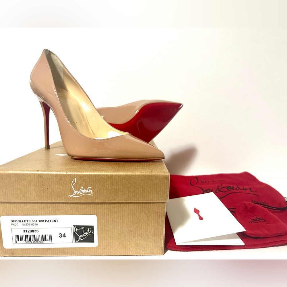 Christian Louboutin Décolleté Patent Leather Nude Heels 100mm, size 34